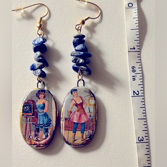 Earrings NWOT Artisan Naughty Victorian Ladies Ceramic Sodalite stone 3” pierced - Picture 3 of 11